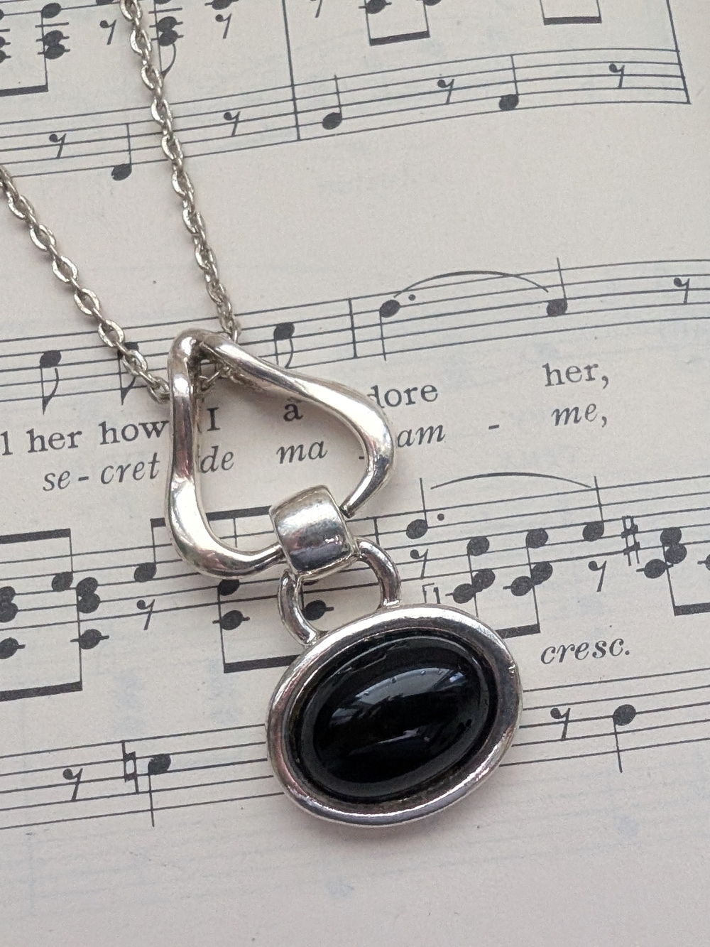 Silver Necklace with Black Oval Stone Pendant